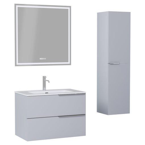 HD Cremona Fume Grey 80 komplett fürdőszoba bútor szett fali mosdószekrénnyel, fényes króm fogantyúkkal, fényes fehér slim mosdóval, tükörrel és magasszekrénnyel