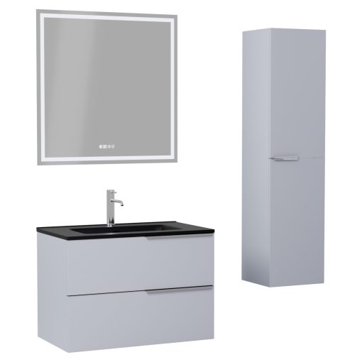 HD Cremona Fume Grey 80 komplett fürdőszoba bútor szett fali mosdószekrénnyel, fényes króm fogantyúkkal, matt fekete slim mosdóval, tükörrel és magasszekrénnyel