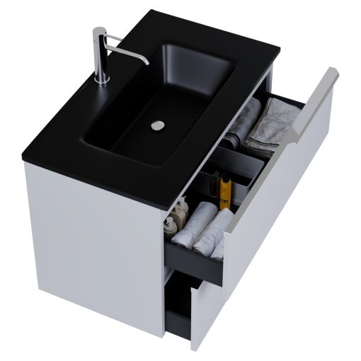 HD Cremona Fume Grey 80 komplett fürdőszoba bútor szett fali mosdószekrénnyel, fényes króm fogantyúkkal, matt fekete slim mosdóval, tükörrel és magasszekrénnyel