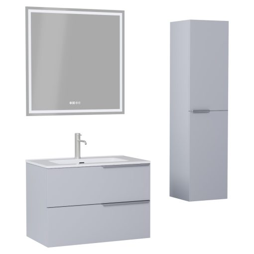 HD Cremona Fume Grey 80 komplett fürdőszoba bútor szett fali mosdószekrénnyel, szálcsiszolt króm fogantyúkkal, fényes fehér slim mosdóval, tükörrel és magasszekrénnyel