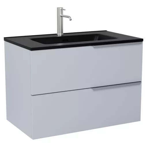 HD Cremona Fume Grey 80 fali mosdószekrény szálcsiszolt króm fogantyúkkal és matt fekete slim mosdóval