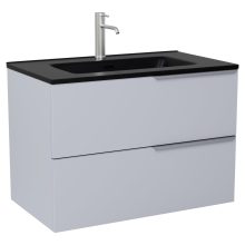 HD Cremona Fume Grey 80 komplett fürdőszoba bútor szett fali mosdószekrénnyel, szálcsiszolt króm fogantyúkkal, matt fekete slim mosdóval, tükörrel és magasszekrénnyel