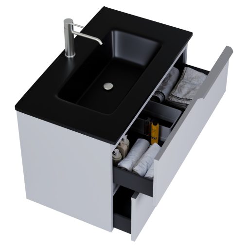 HD Cremona Fume Grey 80 komplett fürdőszoba bútor szett fali mosdószekrénnyel, szálcsiszolt króm fogantyúkkal, matt fekete slim mosdóval, tükörrel és magasszekrénnyel