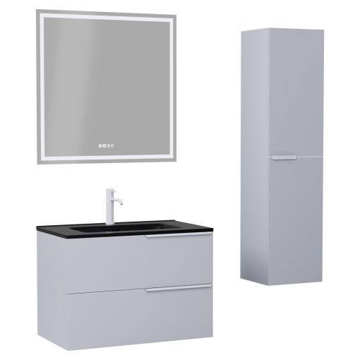 HD Cremona Fume Grey 80 komplett fürdőszoba bútor szett fali mosdószekrénnyel, matt fehér fogantyúkkal, matt fekete slim mosdóval, tükörrel és magasszekrénnyel