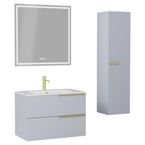 HD Cremona Fume Grey 80 komplett fürdőszoba bútor szett fali mosdószekrénnyel, szálcsiszolt arany fogantyúkkal, fényes fehér slim mosdóval, tükörrel és magasszekrénnyel