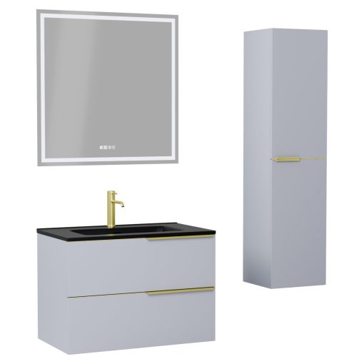 HD Cremona Fume Grey 80 komplett fürdőszoba bútor szett fali mosdószekrénnyel, szálcsiszolt arany fogantyúkkal, matt fekete slim mosdóval, tükörrel és magasszekrénnyel