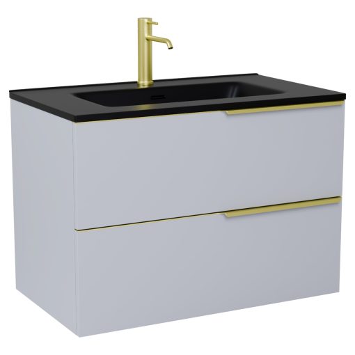 HD Cremona Fume Grey 80 komplett fürdőszoba bútor szett fali mosdószekrénnyel, szálcsiszolt arany fogantyúkkal, matt fekete slim mosdóval, tükörrel és magasszekrénnyel