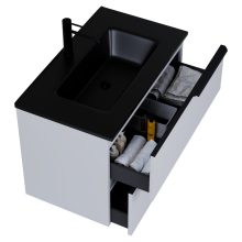 HD Cremona Fume Grey 80 komplett fürdőszoba bútor szett fali mosdószekrénnyel, matt fekete fogantyúkkal, matt fekete slim mosdóval, tükörrel és magasszekrénnyel