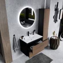 HD Aria Pro Black-Oak 80 fali mosdószekrény, push-to-open mechanizmussal, fényes fehér slim mosdóval