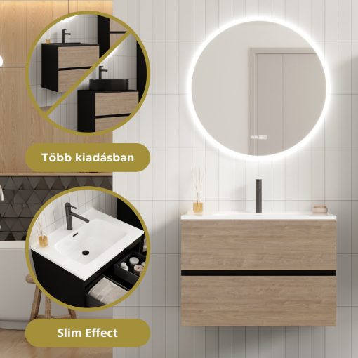 HD Aria Pro Black-Oak 80 fali mosdószekrény, push-to-open mechanizmussal, fényes fehér slim mosdóval