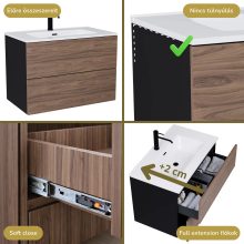 HD Aria Pro Black-Oak 80 fali mosdószekrény, push-to-open mechanizmussal, fényes fehér slim mosdóval