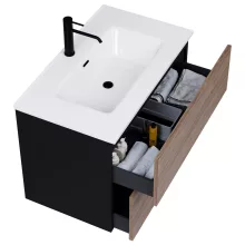 HD Aria Pro Black-Oak 80 komplett fürdőszoba bútor fali push-to-open mosdószekrénnyel, fényes fehér slim mosdóval és tükörrel