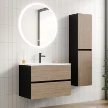 HD Aria Black-Oak 80 komplett fürdőszoba bútor fali mosdószekrénnyel, fényes fehér slim mosdóval és tükörrel