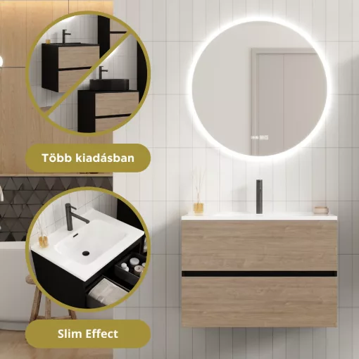 HD Aria Pro Black-Oak 80 komplett fürdőszoba bútor szett fali push-to-open mosdószekrénnyel, fényes fehér slim mosdóval, tükörrel és magasszekrénnyel