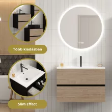 HD Aria Black-Oak 80 komplett fürdőszoba bútor szett fali mosdószekrénnyel, fényes fehér slim mosdóval, tükörrel és magasszekrénnyel