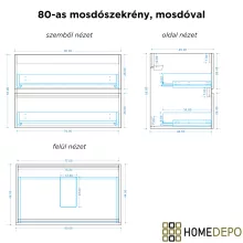 HD Aria Black-Oak 80 komplett fürdőszoba bútor szett fali mosdószekrénnyel, fényes fehér slim mosdóval, tükörrel és magasszekrénnyel