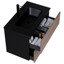 HD Aria Pro Black-Oak 80 fali mosdószekrény, push-to-open mechanizmussal, matt fekete slim mosdóval