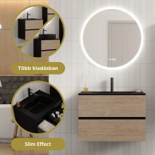 HD Aria Pro Black-Oak 80 fali mosdószekrény, push-to-open mechanizmussal, matt fekete slim mosdóval