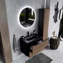 HD Aria Pro Black-Oak 80 fali mosdószekrény, push-to-open mechanizmussal, matt fekete slim mosdóval