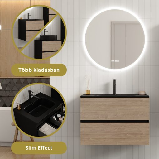 HD Aria Pro Black-Oak 80 fali mosdószekrény, push-to-open mechanizmussal, matt fekete slim mosdóval