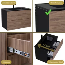 HD Aria Pro Black-Oak 80 fali mosdószekrény, push-to-open mechanizmussal, matt fekete slim mosdóval