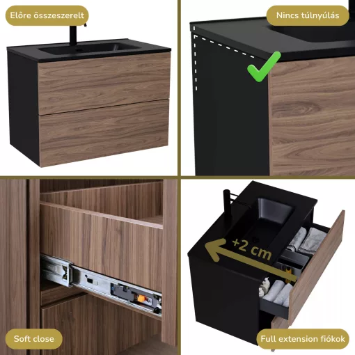 HD Aria Pro Black-Oak 80 fali mosdószekrény, push-to-open mechanizmussal, matt fekete slim mosdóval