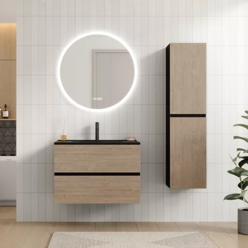 HD Aria Black-Oak 80 fali mosdószekrény matt fekete slim mosdóval