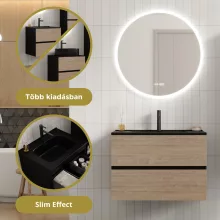 HD Aria Pro Black-Oak 80 komplett fürdőszoba bútor fali push-to-open mosdószekrénnyel, matt fekete slim mosdóval és tükörrel