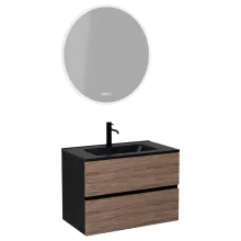 HD Aria Black-Oak 80 komplett fürdőszoba bútor fali mosdószekrénnyel, matt fekete slim mosdóval és tükörrel