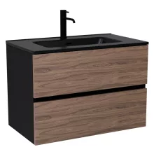 HD Aria Black-Oak 80 komplett fürdőszoba bútor fali mosdószekrénnyel, matt fekete slim mosdóval és tükörrel