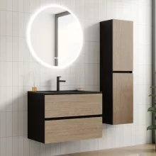 HD Aria Black-Oak 80 komplett fürdőszoba bútor fali mosdószekrénnyel, matt fekete slim mosdóval és tükörrel