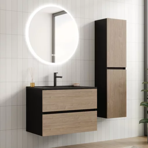 HD Aria Black-Oak 80 komplett fürdőszoba bútor fali mosdószekrénnyel, matt fekete slim mosdóval és tükörrel