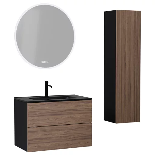 HD Aria Pro Black-Oak 80 komplett fürdőszoba bútor szett fali push-to-open mosdószekrénnyel, matt fekete slim mosdóval, tükörrel és magasszekrénnyel