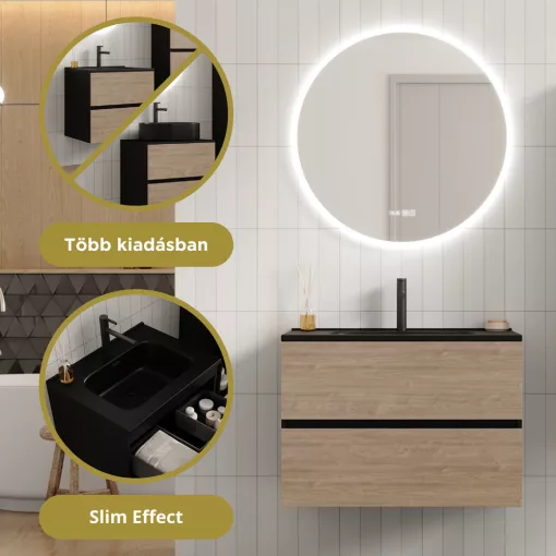 HD Aria Pro Black-Oak 80 komplett fürdőszoba bútor szett fali push-to-open mosdószekrénnyel, matt fekete slim mosdóval, tükörrel és magasszekrénnyel