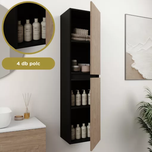 HD Aria Pro Black-Oak 80 komplett fürdőszoba bútor szett fali push-to-open mosdószekrénnyel, matt fekete slim mosdóval, tükörrel és magasszekrénnyel