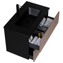 HD Aria Black-Oak 80 komplett fürdőszoba bútor szett fali mosdószekrénnyel, matt fekete slim mosdóval, tükörrel és magasszekrénnyel