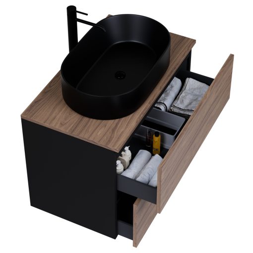 HD Zyra Pro Black-Oak 80 fali mosdószekrény, push-to-open mechanizmussal, oak mosdópulttal