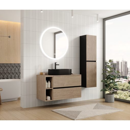 HD Zyra+ Black-Oak 100 fali mosdószekrény oak mosdópulttal és kiegészítő oak fali modullal