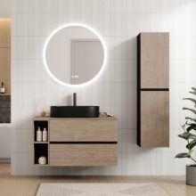 HD Zyra+ Black-Oak 100 fali mosdószekrény oak mosdópulttal és kiegészítő oak fali modullal