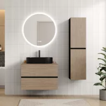 HD Zyra Pro Black-Oak 80 komplett fürdőszoba bútor fali push-to-open mosdószekrénnyel, oak mosdópulttal és tükörrel