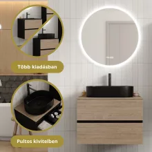 HD Zyra Pro Black-Oak 80 komplett fürdőszoba bútor fali push-to-open mosdószekrénnyel, oak mosdópulttal és tükörrel