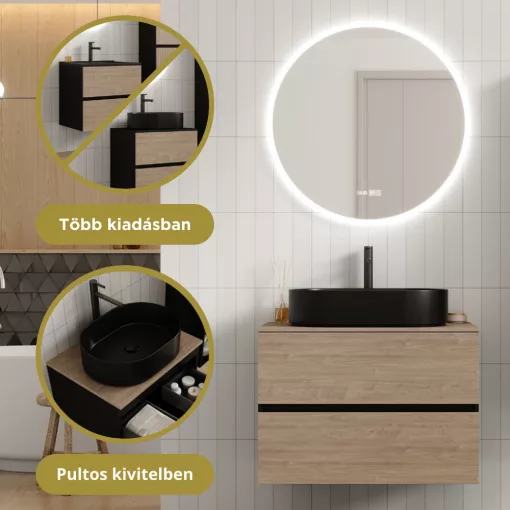 HD Zyra Pro Black-Oak 80 komplett fürdőszoba bútor fali push-to-open mosdószekrénnyel, oak mosdópulttal és tükörrel