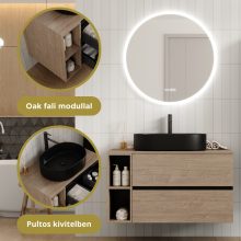 HD Zyra Pro+ Black-Oak 100 komplett fürdőszoba bútor fali push-to-open mosdószekrénnyel, oak mosdópulttal, kiegészítő oak fali modullal és tükörrel