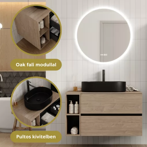 HD Zyra Pro+ Black-Oak 100 komplett fürdőszoba bútor fali push-to-open mosdószekrénnyel, oak mosdópulttal, kiegészítő oak fali modullal és tükörrel