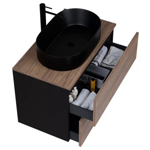 HD Zyra Pro Black-Oak 80 komplett fürdőszoba bútor szett fali push-to-open mosdószekrénnyel, oak mosdópulttal, tükörrel és magasszekrénnyel