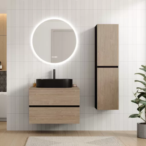 HD Zyra Pro Black-Oak 80 komplett fürdőszoba bútor szett fali push-to-open mosdószekrénnyel, oak mosdópulttal, tükörrel és magasszekrénnyel