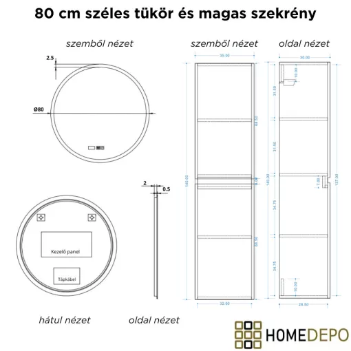 HD Zyra Pro Black-Oak 80 komplett fürdőszoba bútor szett fali push-to-open mosdószekrénnyel, oak mosdópulttal, tükörrel és magasszekrénnyel