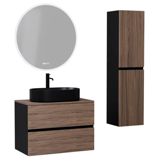 HD Zyra Black-Oak 80 komplett fürdőszoba bútor szett fali mosdószekrénnyel, oak mosdópulttal, tükörrel és magasszekrénnyel