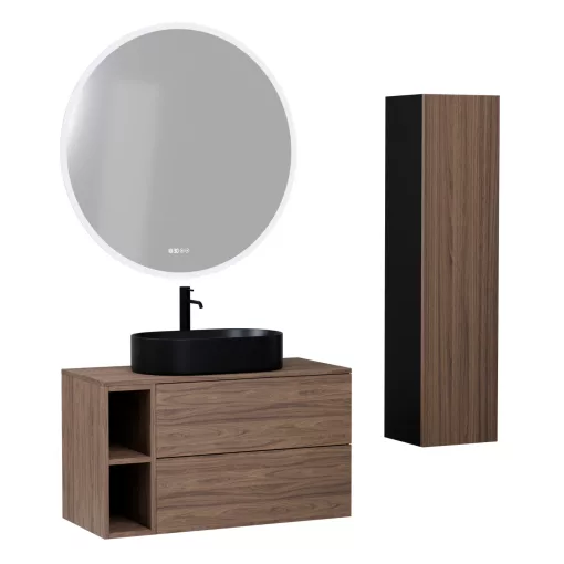 HD Zyra Pro+ Black-Oak 100 komplett fürdőszoba bútor szett fali push-to-open mosdószekrénnyel, oak mosdópulttal, kiegészítő oak fali modullal, tükörrel és magasszekrénnyel