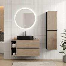 HD Zyra Pro+ Black-Oak 100 komplett fürdőszoba bútor szett fali push-to-open mosdószekrénnyel, oak mosdópulttal, kiegészítő oak fali modullal, tükörrel és magasszekrénnyel